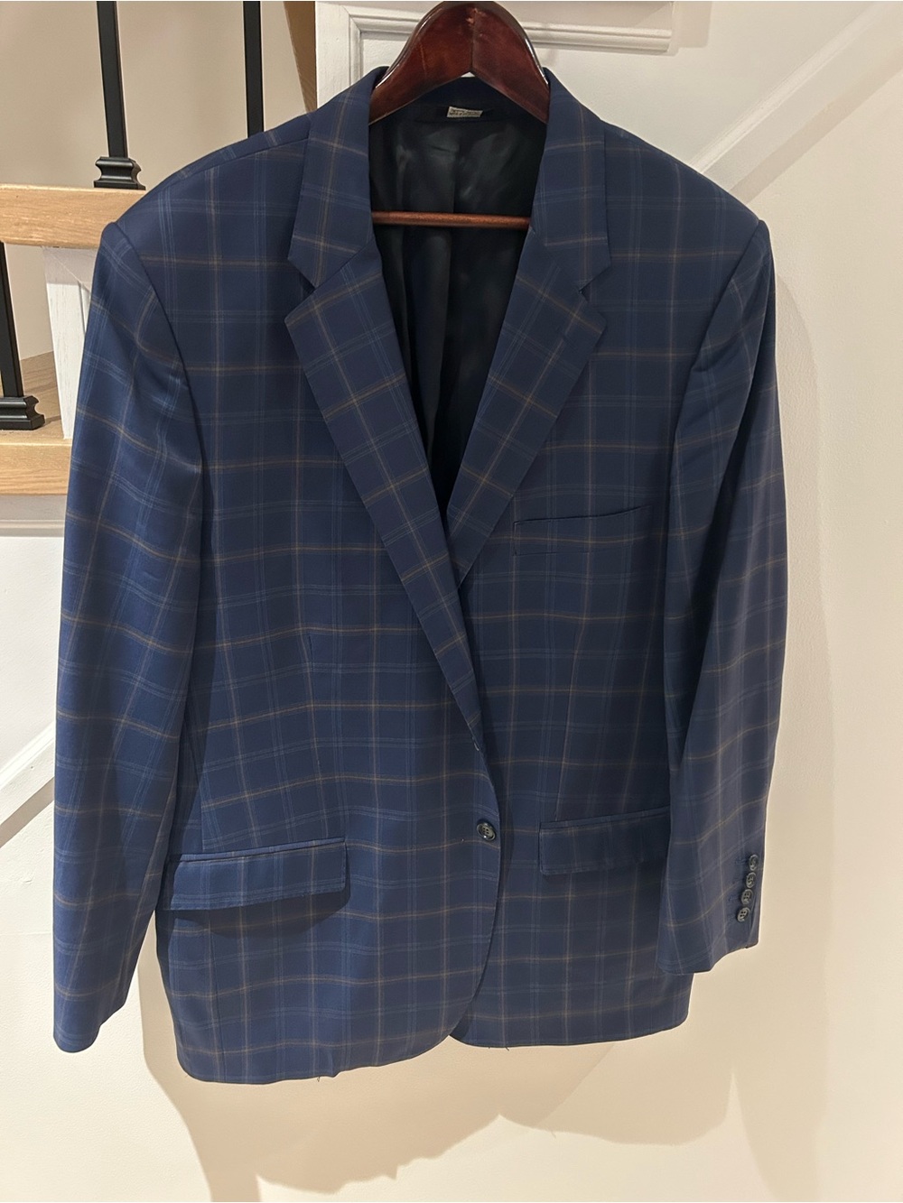 Men's Navy Plaid Blazer - Classic Two-Button Suit Jacket